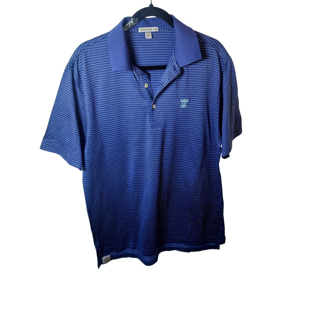 Peter Millar Mens Blue Striped Cotton Short Sleeve Polo Shirt Size M Logo